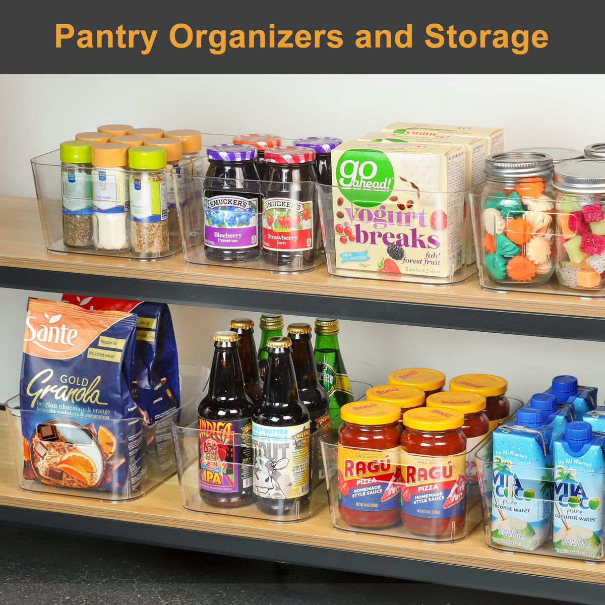 Heyuzb pantry organizer bin with transparent sides for visible contents.
