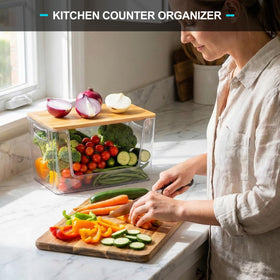 Heyuzb clear-bin countertop storage keeps items visible and accessible.