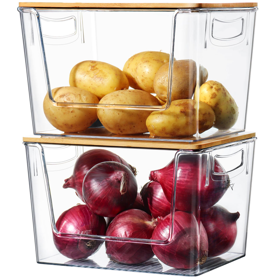 Heyuzb Pantry Organizers two-pack with bamboo lids, front view for easy access.