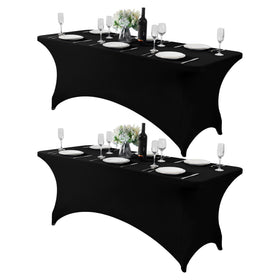 Hezuzo stretch tablecloth neatly draped on a 6ft table for a polished event.
