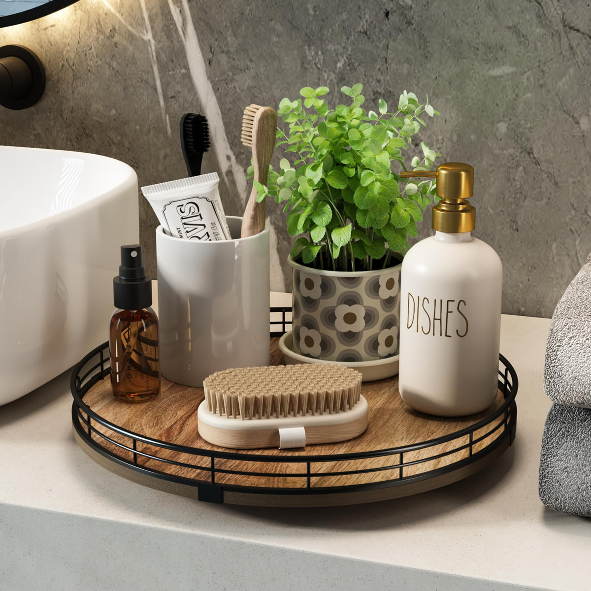HGF Acacia Wood Bathroom Vanity Lazy Susan with lotions and perfumes