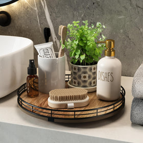 HGF Acacia Wood Bathroom Vanity Lazy Susan with lotions and perfumes