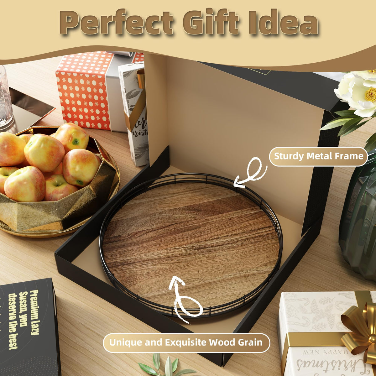 HGF Acacia Wood Lazy Susan arrives gift-ready for weddings or housewarmings