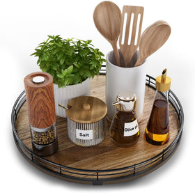 HGF Acacia Wood Lazy Susan rotation for easy spice access on the kitchen counter