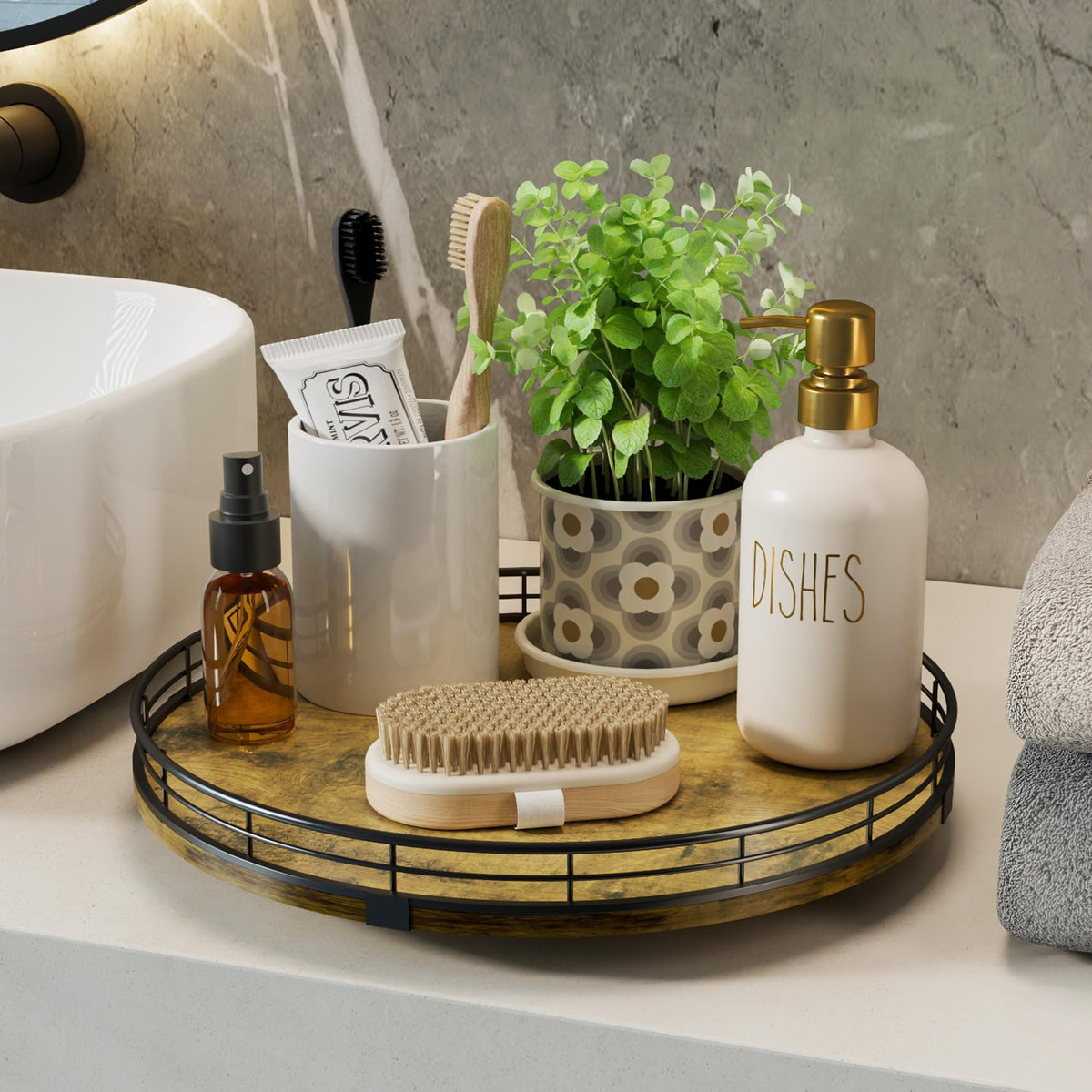 HGF Lazy Susan bathroom vanity tray for lotions and cosmetics.