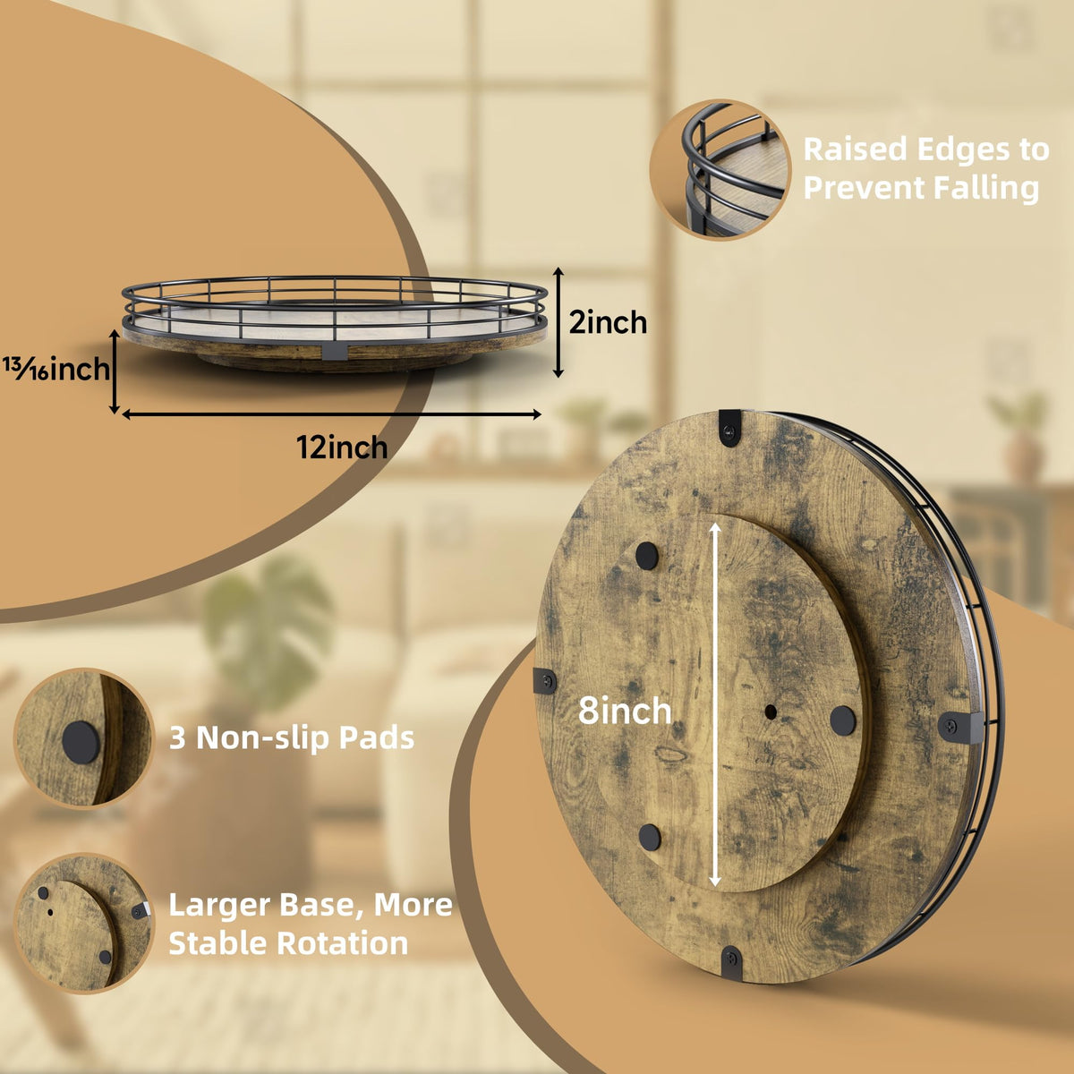 HGF Lazy Susan raised iron edges prevent spills and drops.