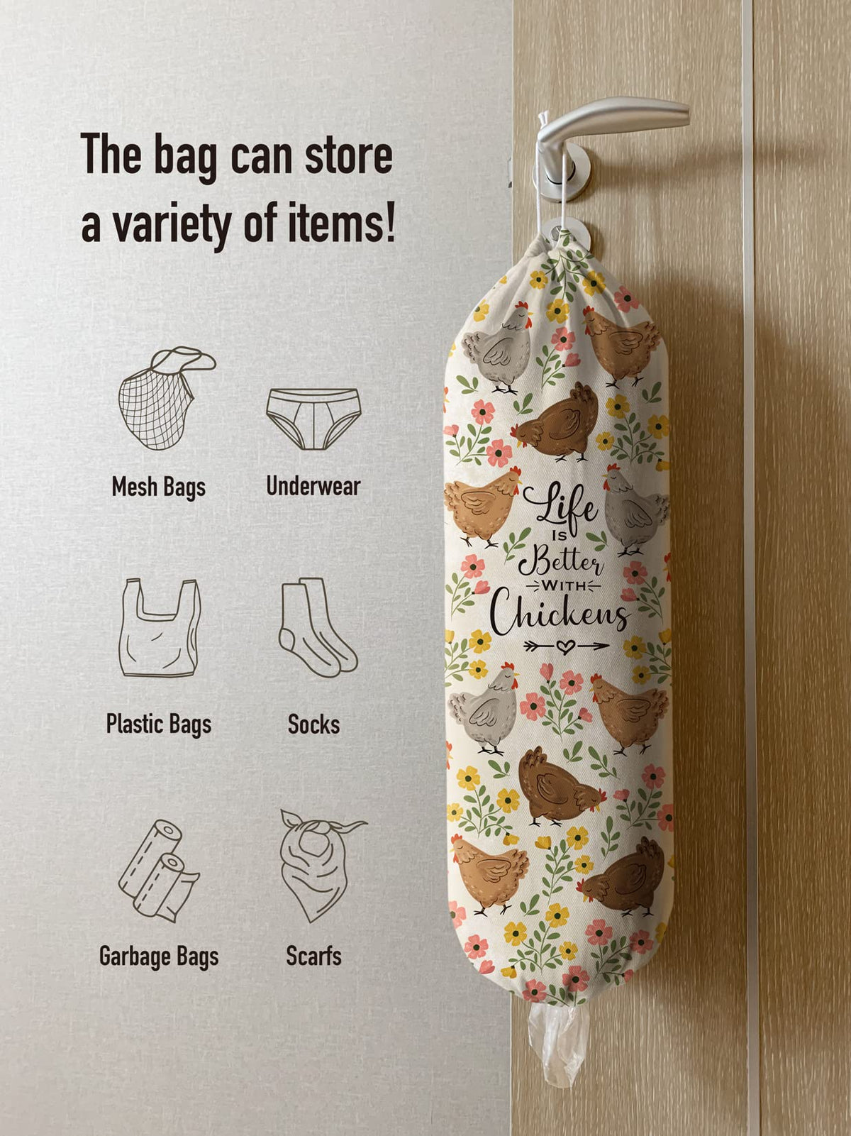 Hglian Chicken Bag Holder hanging on wall as space-saving organizer.