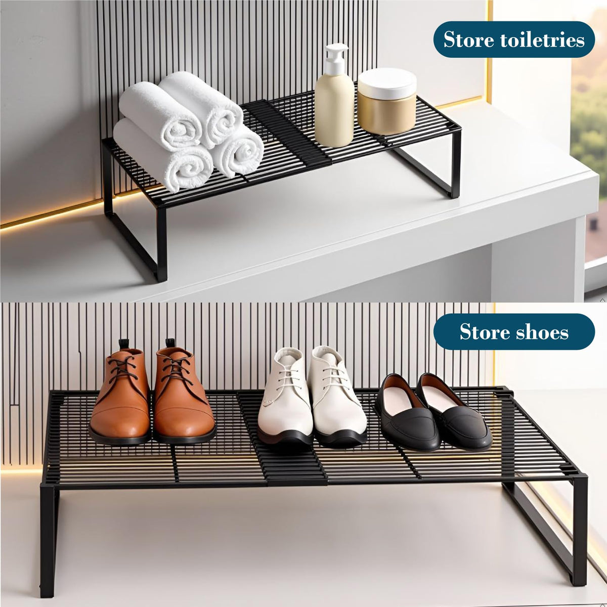 HGZBS versatile space saver for kitchen, bathroom, and closet storage.