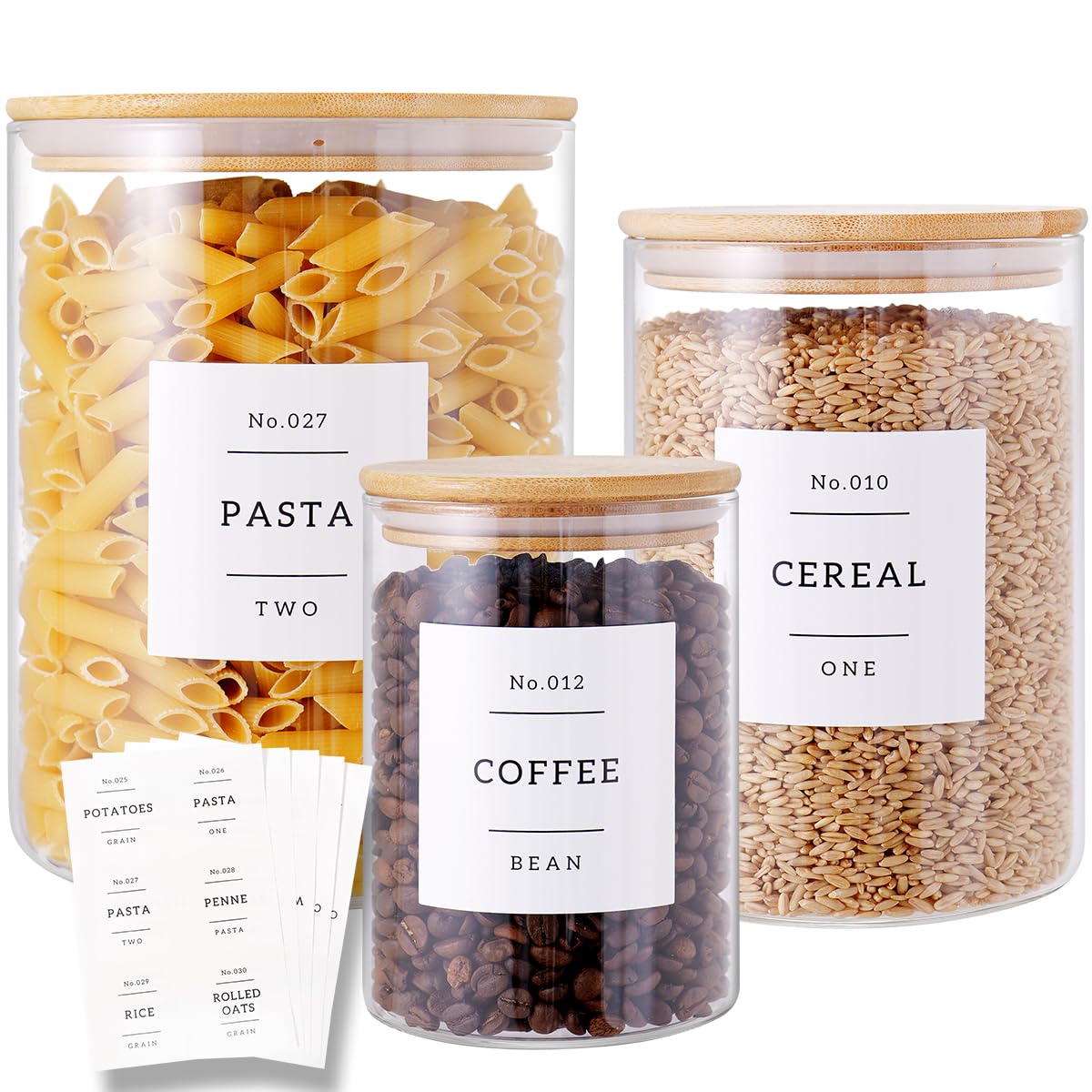 HHMJSM 3pc glass canisters with bamboo lids for organized pantry storage.