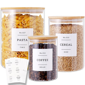 HHMJSM 3pc glass canisters with bamboo lids for organized pantry storage.