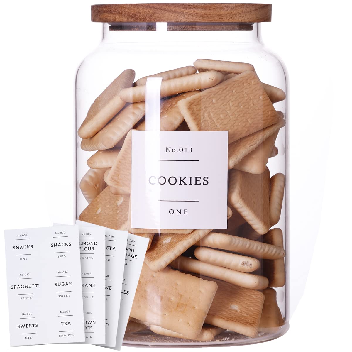 HHMJSM gallon glass cookie jar with acacia lids for stylish pantry storage.