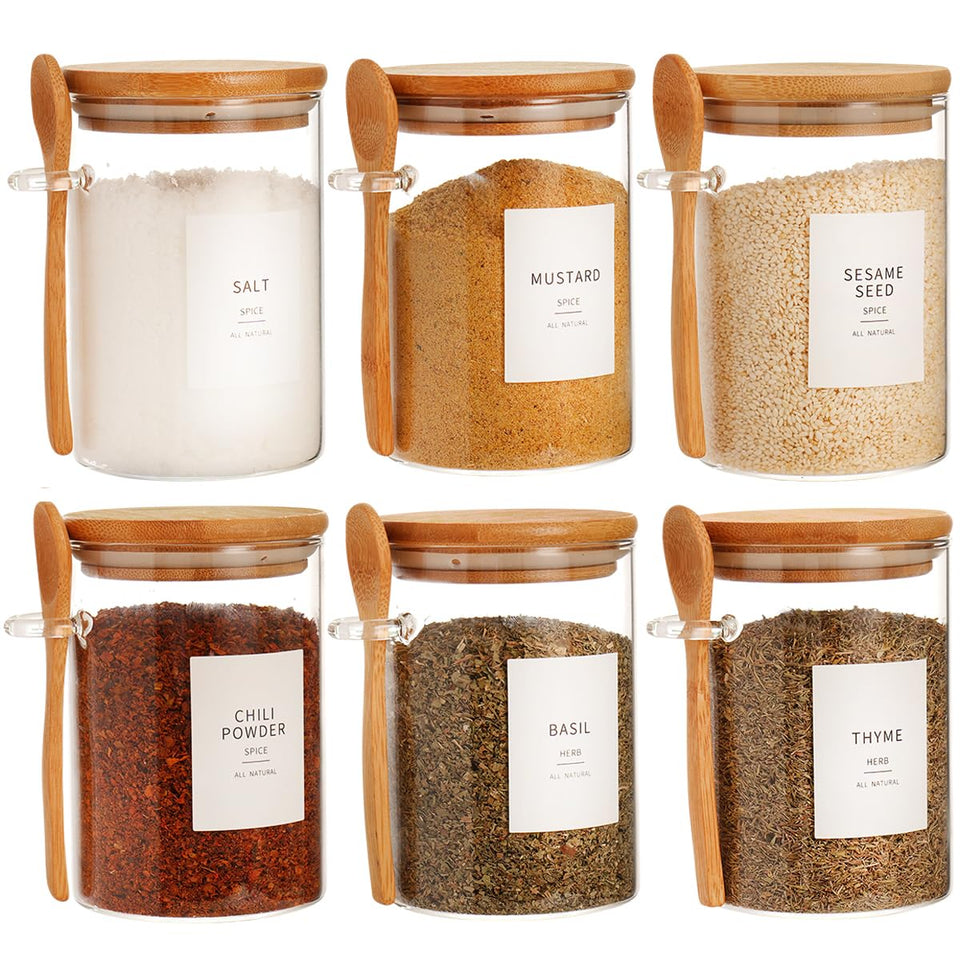 HHMJSM glass jar with bamboo lid and spoon organized for pantry storage