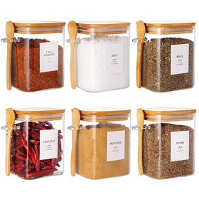 HHMJSM square glass jar with bamboo lid and spoon on a clean kitchen shelf