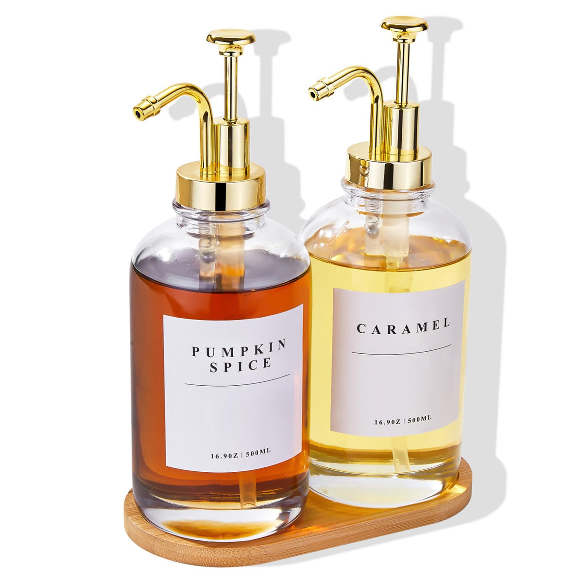 HHSME coffee syrup dispenser with glass bottles and gold pumps for precise pouring