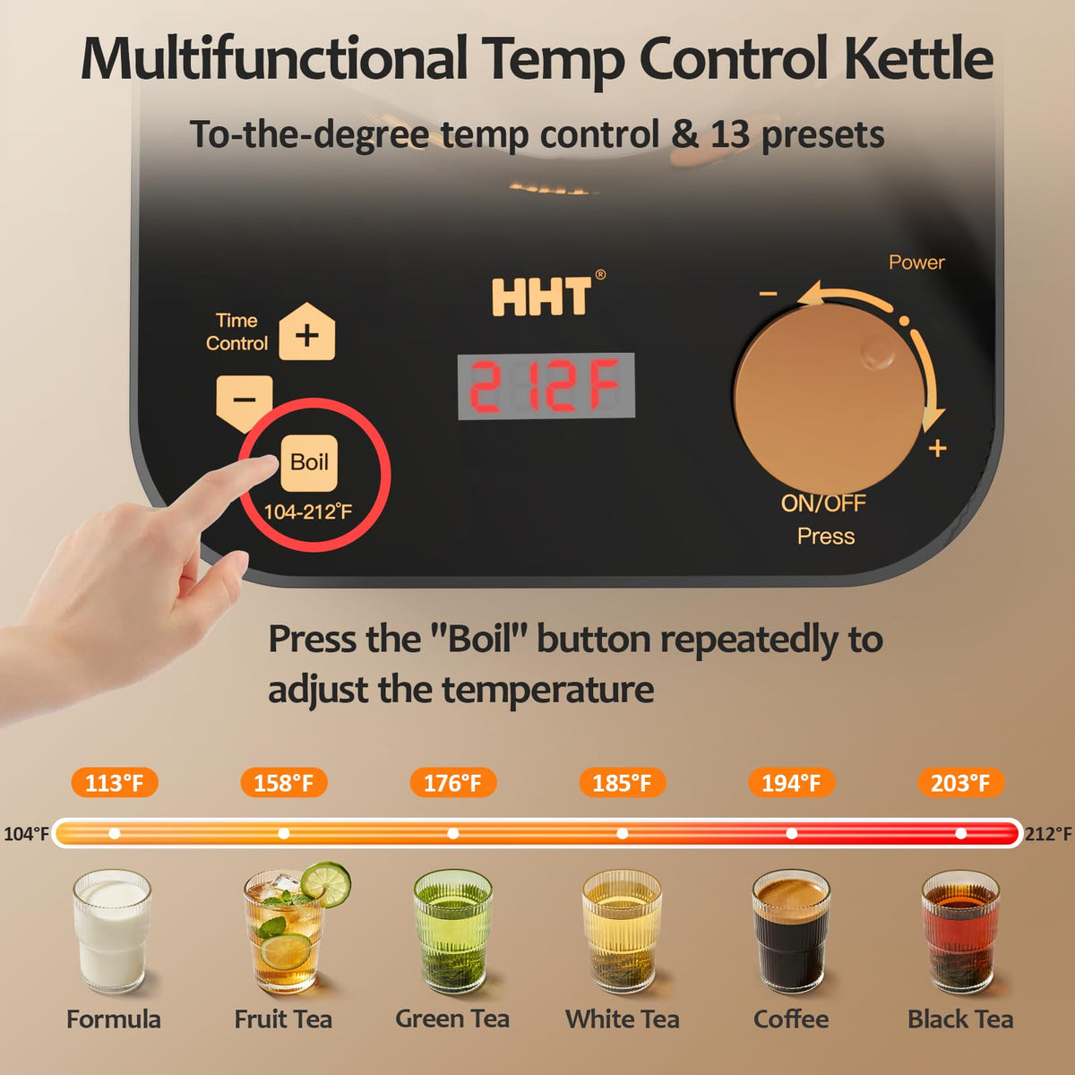 HHT glass body with borosilicate clarity for pure-tasting water heating