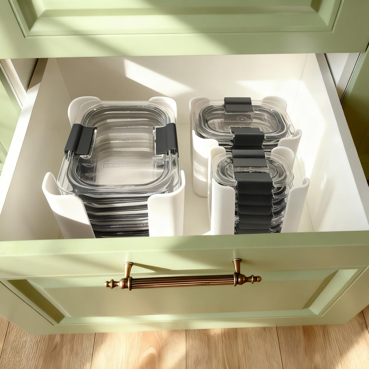 Open-design organizer offers four-sided access for quick lids retrieval.