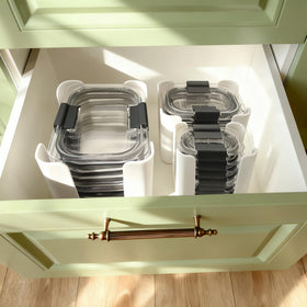 Open-design organizer offers four-sided access for quick lids retrieval.