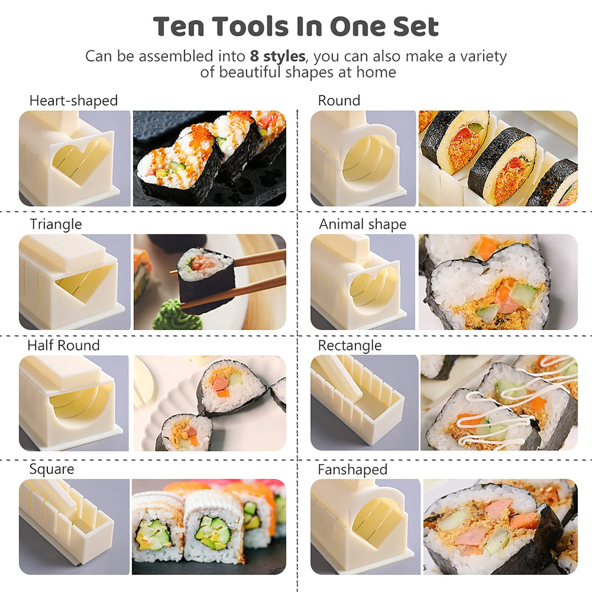 HI NINGER 8-shape sushi mold set enables varied presentations in your kitchen