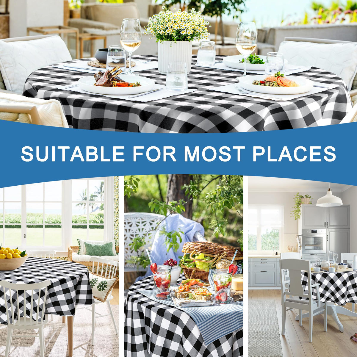 Hiasan checkered round tablecloth outdoor picnic setup ready for outdoor dining.