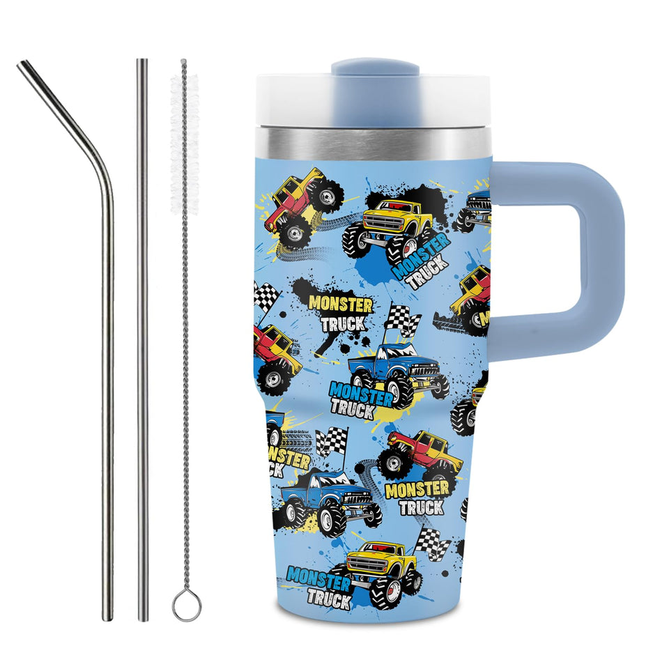 Hiboss monster truck tumbler with handle, kid-friendly pattern for easy sipping