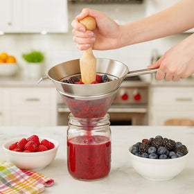 HIC Kitchen Chinois sieve with helper hook for stable one-handed use.