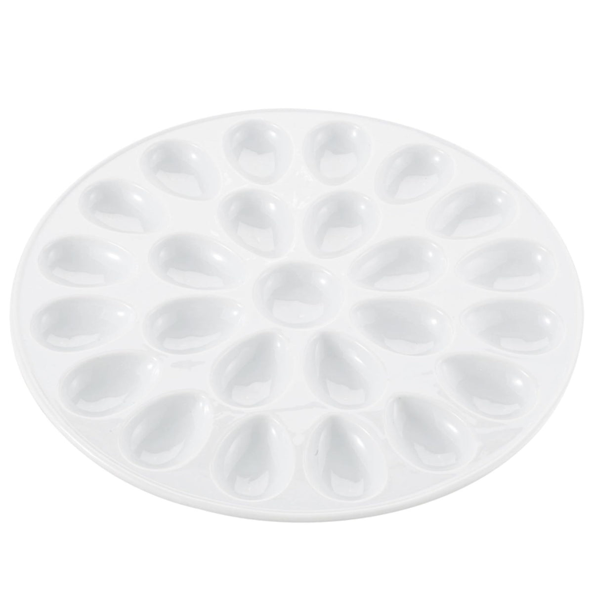 HIC Kitchen deviled egg dish with 24 wells keeps halves neatly in place for easy serving.