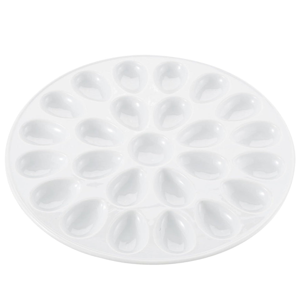 HIC Kitchen deviled egg dish with 24 wells keeps halves neatly in place for easy serving.