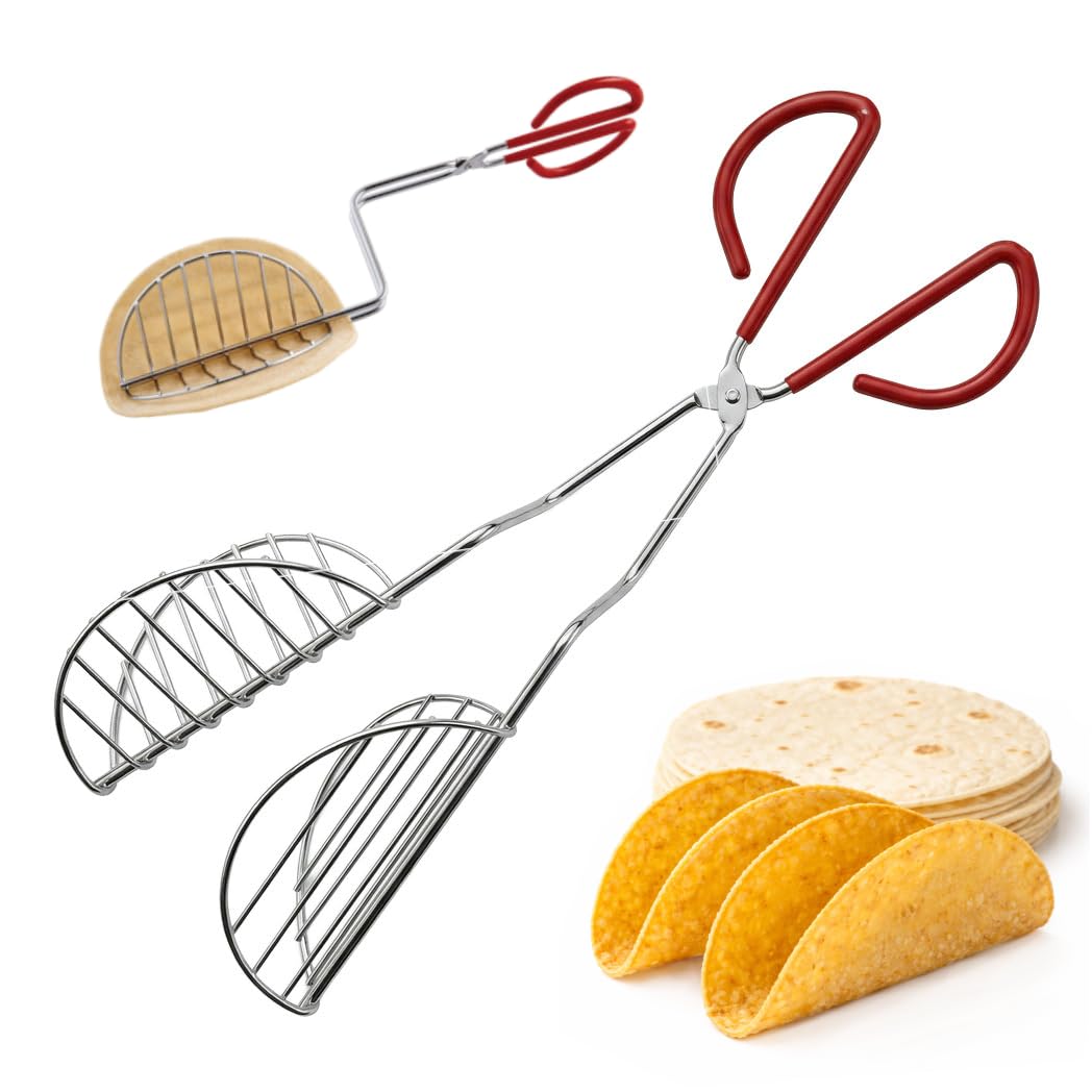 HIC Kitchen Taco Shell Tongs forming a perfect U-shaped shell for crispy results.