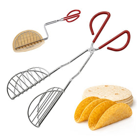 HIC Kitchen Taco Shell Tongs forming a perfect U-shaped shell for crispy results.
