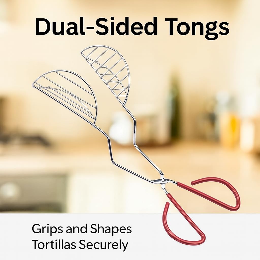 HIC Kitchen Taco Shell Tongs with open-frame draining excess oil for lighter shells.