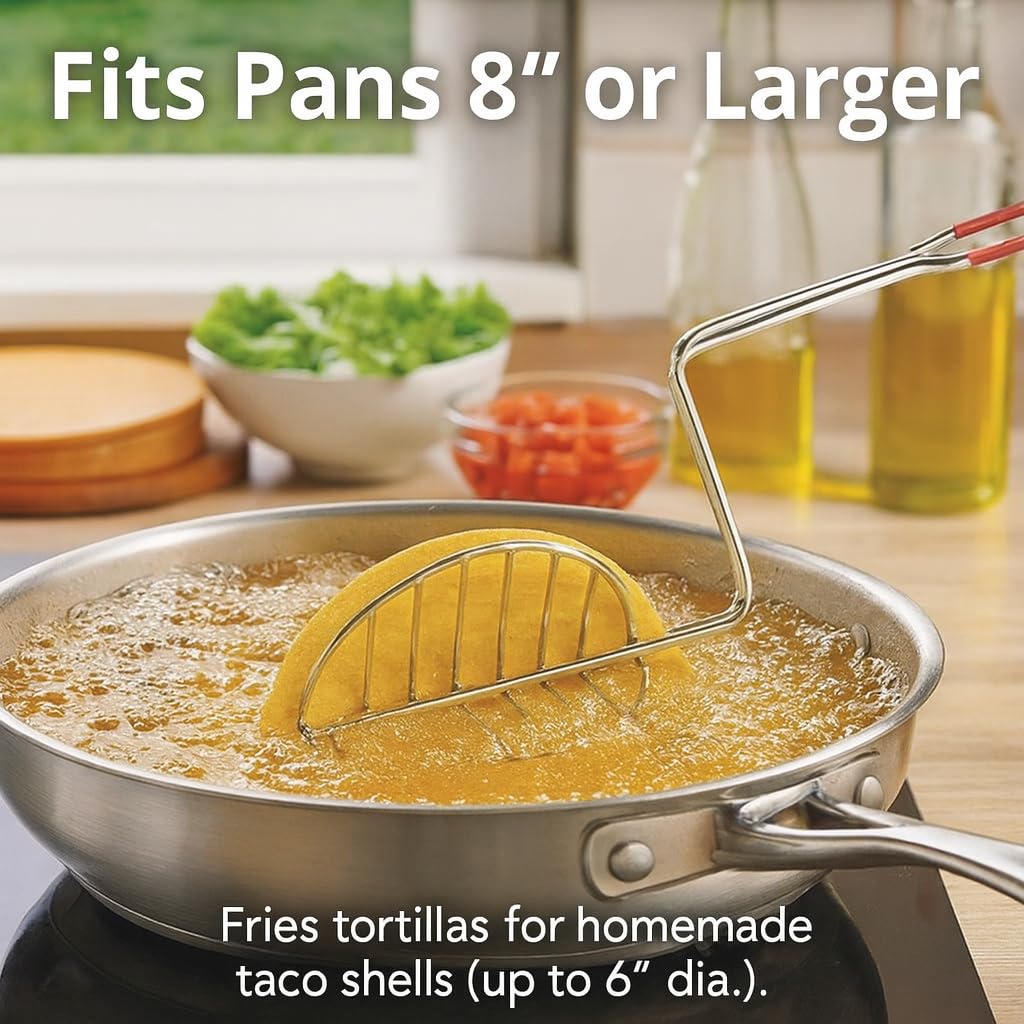 HIC Kitchen Taco Shell Tongs with stay-cool handle keeping hands safe near hot oil.