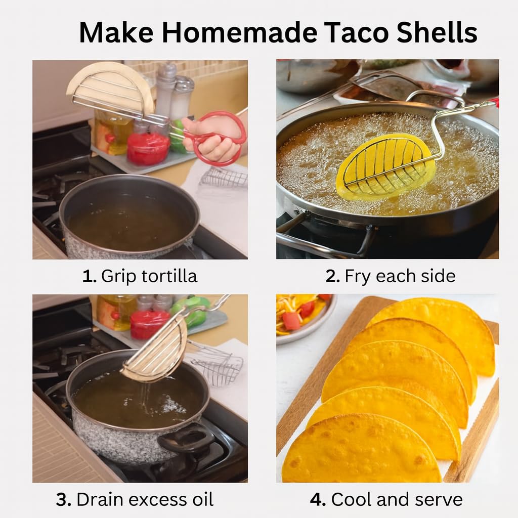 HIC Kitchen Taco Shell Tongs used with corn, flour, gluten-free tortillas for versatile tacos.