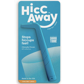 HiccAway blue hiccup straw shown with water for fast relief