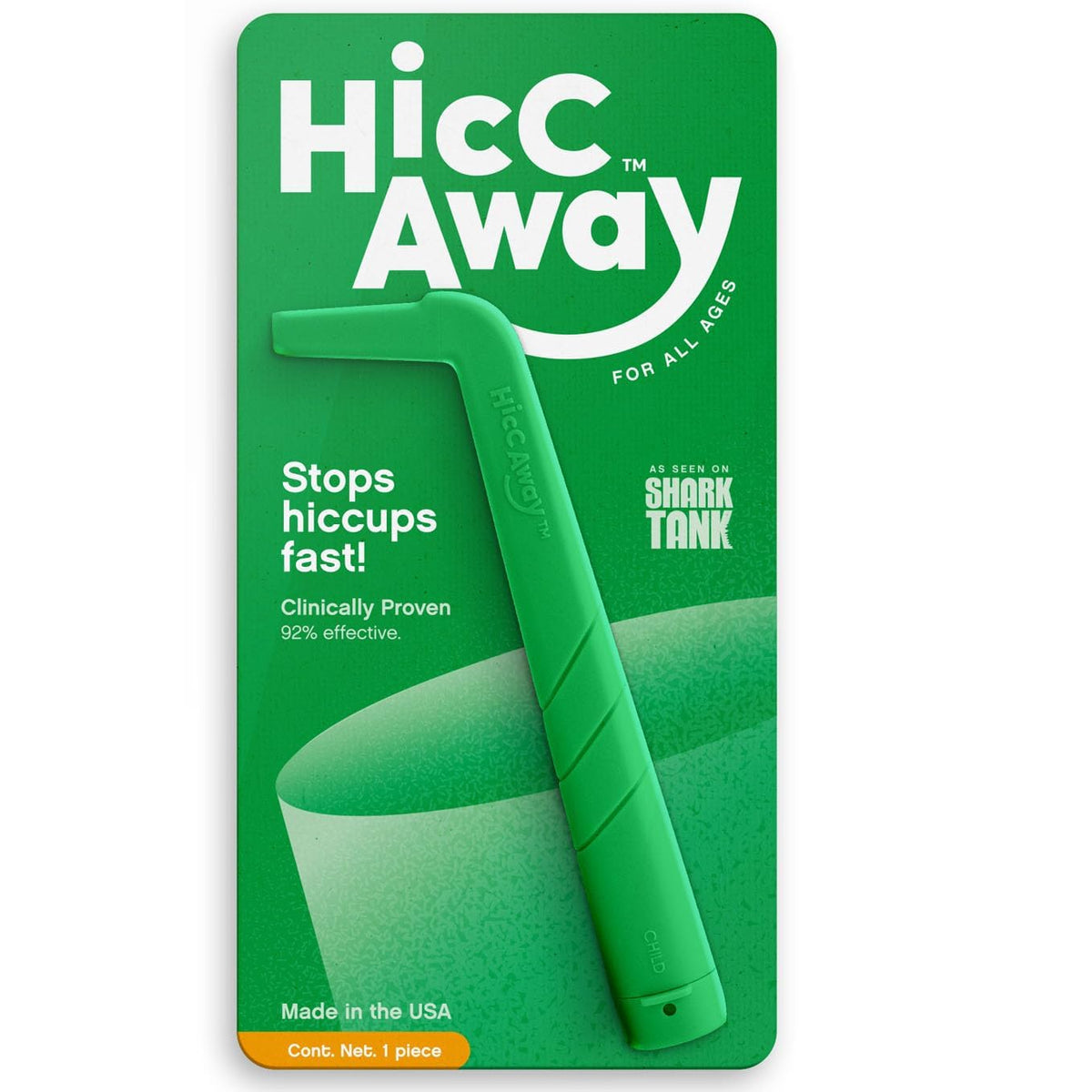 HiccAway green hiccup straw pack for quick, drug-free relief at home.