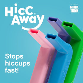 HiccAway pink adult-use setup with water for rapid hiccup relief