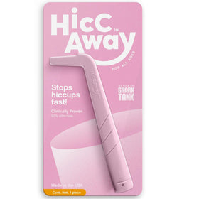 HiccAway pink packaging and straw ready for fast hiccup relief