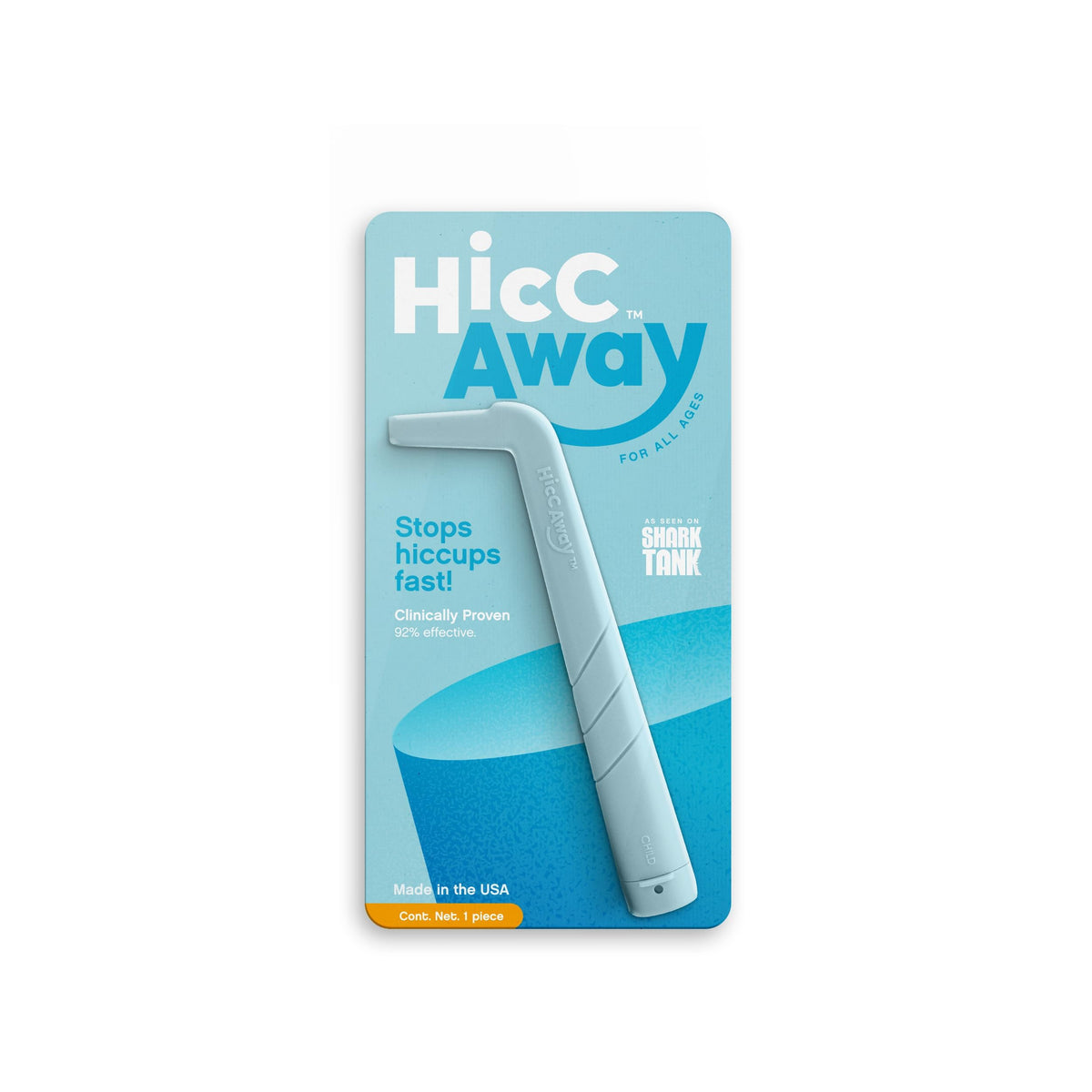 HiccAway adult-use hiccup straw demonstrating quick, drug-free relief with water