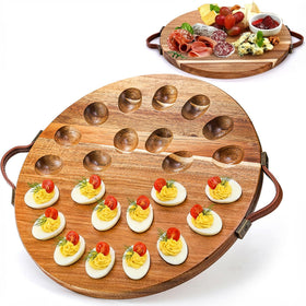 Hiceeden acacia wood deviled egg platter with natural grain for elegant presentation.