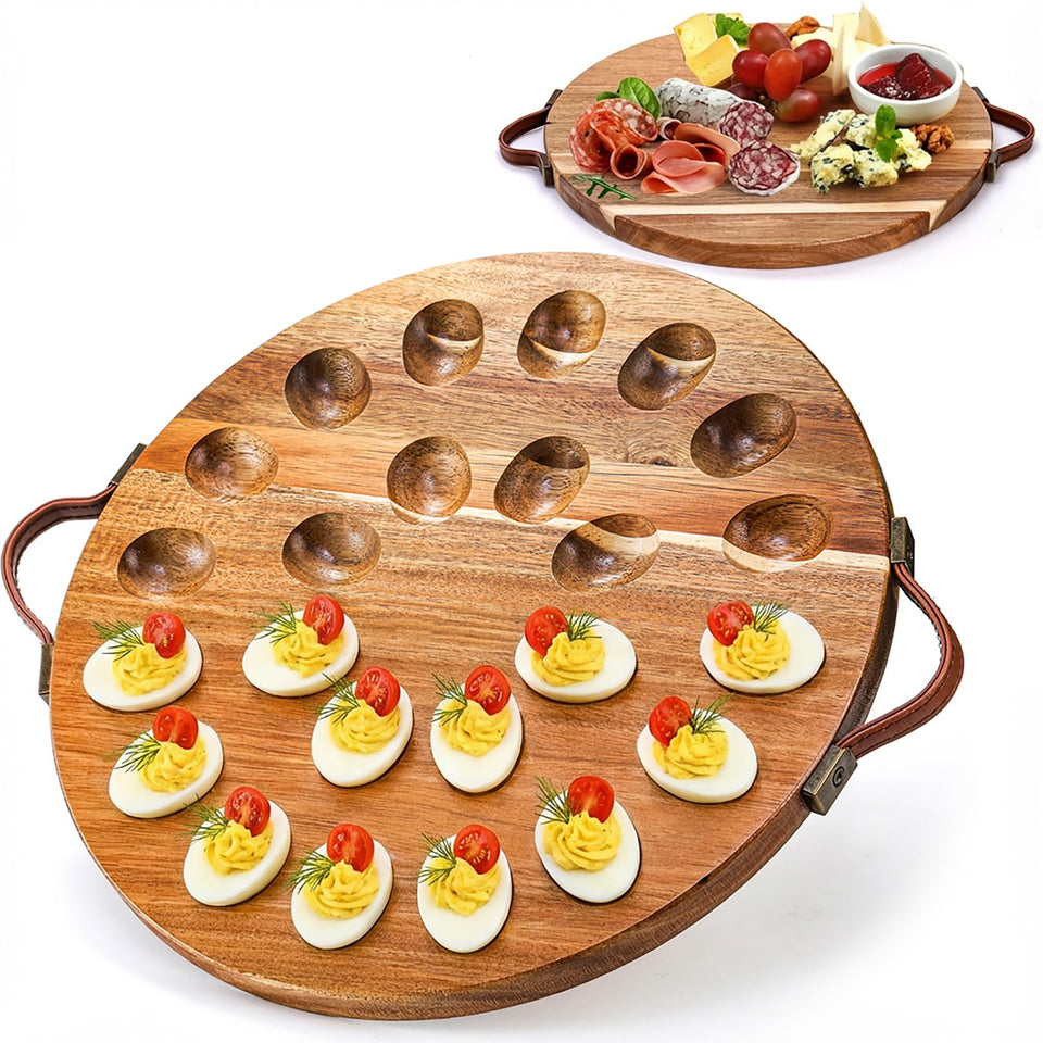 Hiceeden acacia wood deviled egg platter with natural grain for elegant presentation.