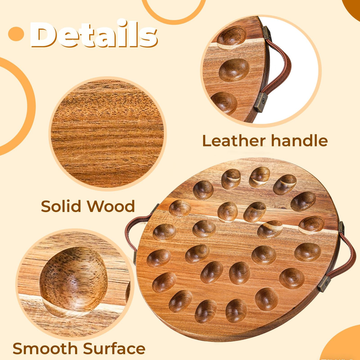 Hiceeden deviled egg platter with leather handles provides secure grip.