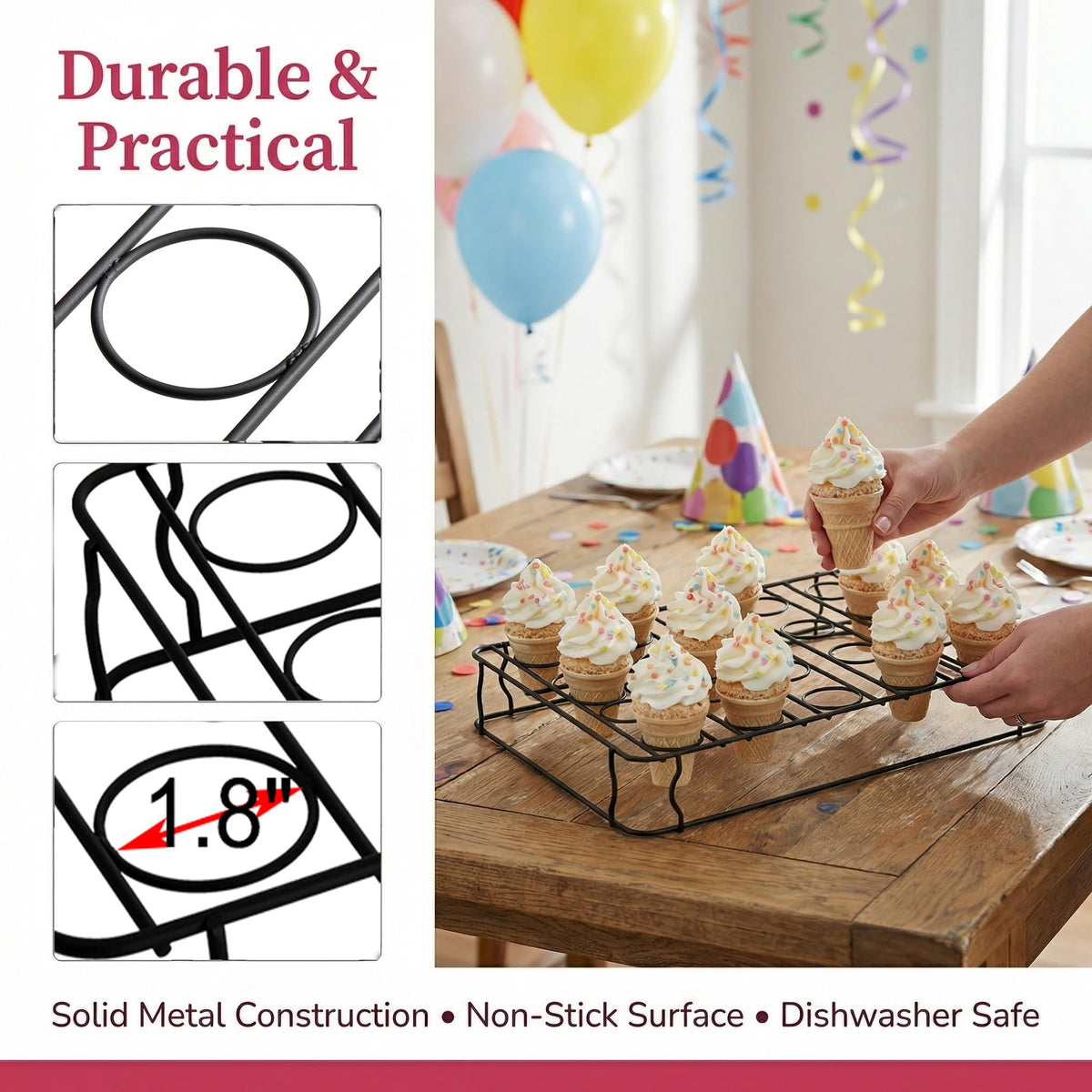 Hiceeden oven-baked cones rest on a sturdy rack for even cooling