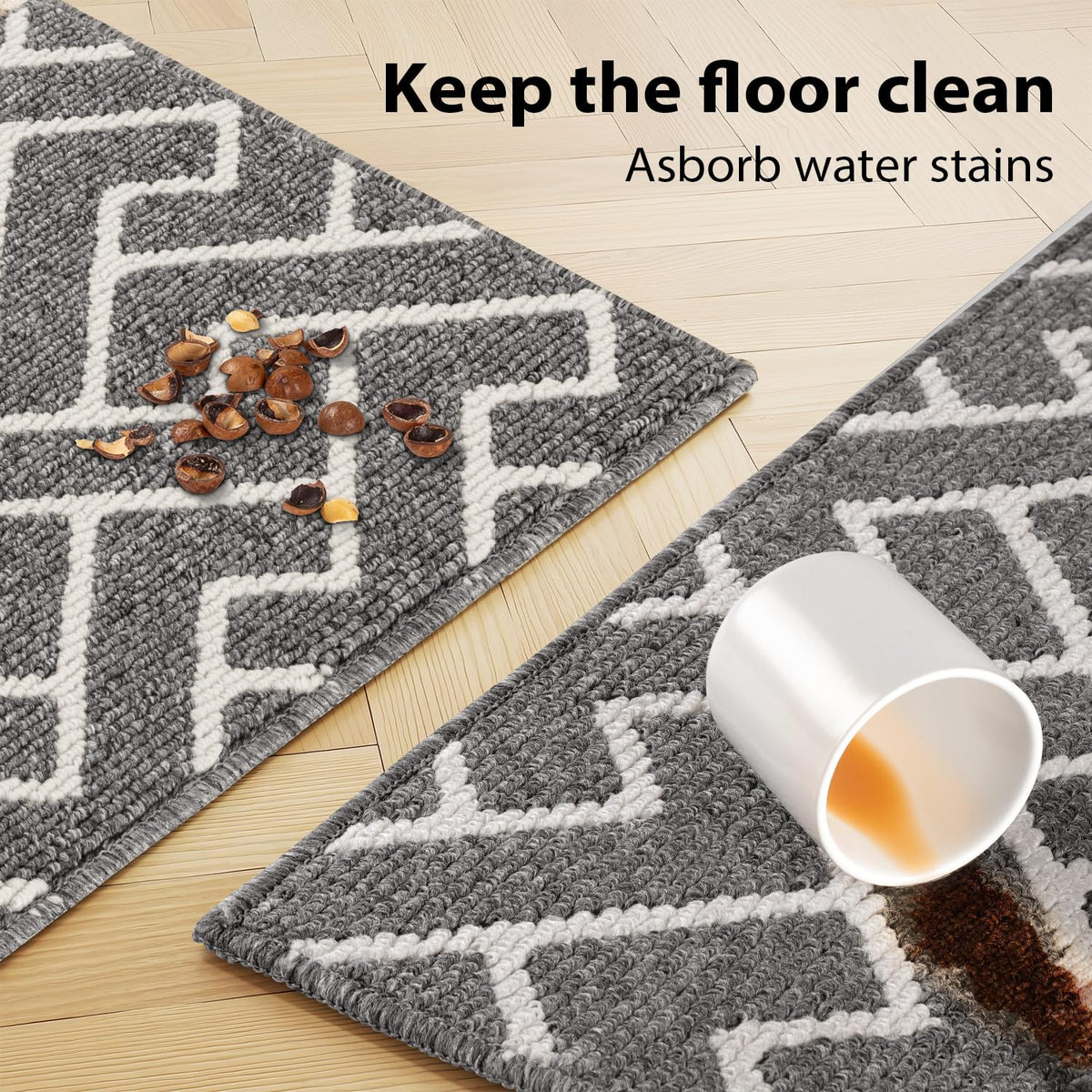 hicorfe kitchen rug easy-clean; machine washable for quick cleanup after cooking mishaps.