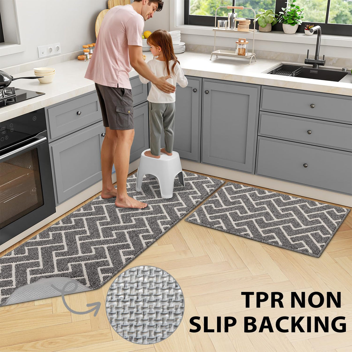 hicorfe kitchen rug non-slip-backing ensures stays in place during cooking.