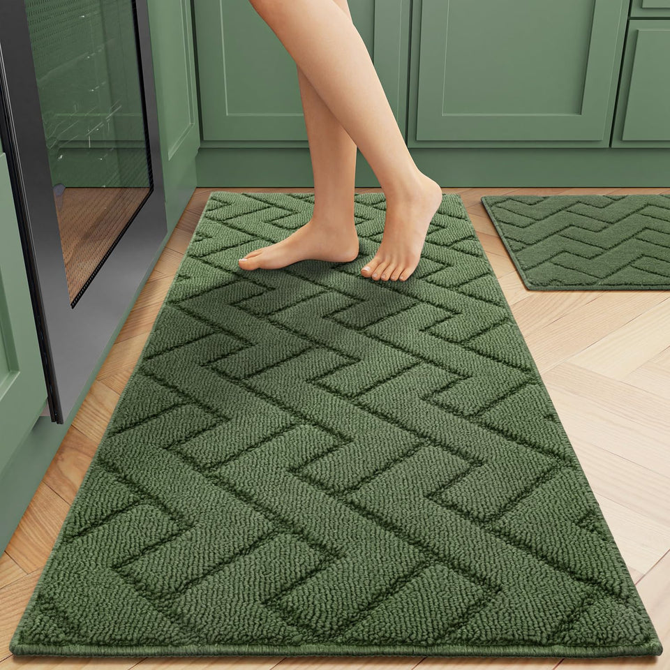 hicorfe kitchen runner 20x48 green front view with non slip backing for kitchen safety