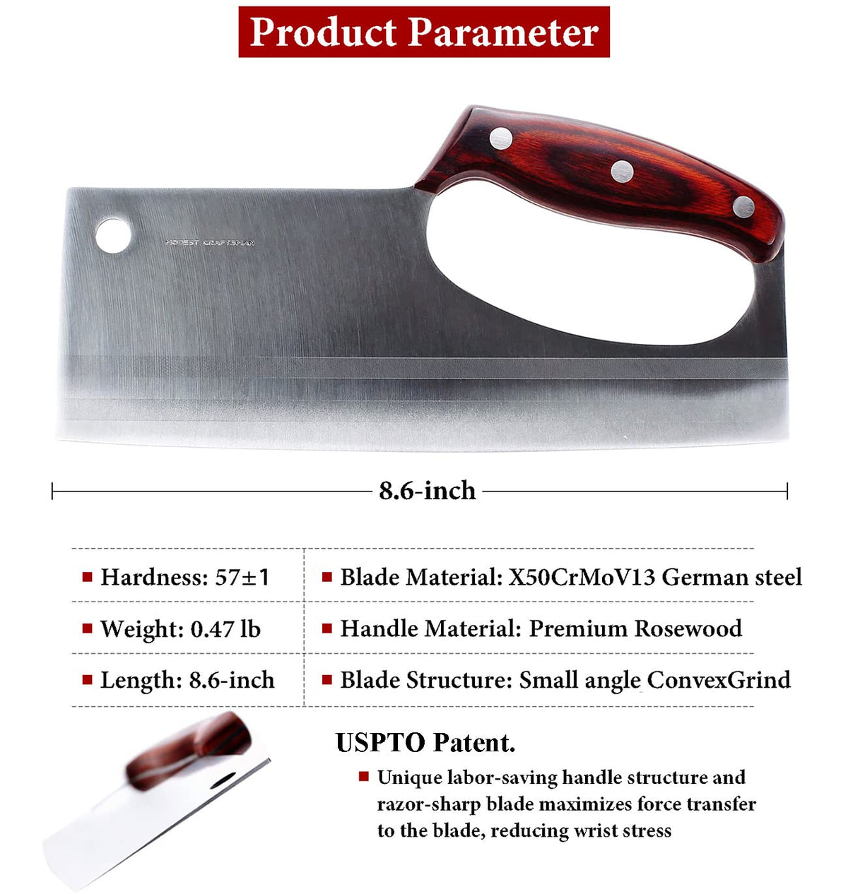 HIDAMOS Japanese chef knife blade close-up showing durable edge for vegetables and meat