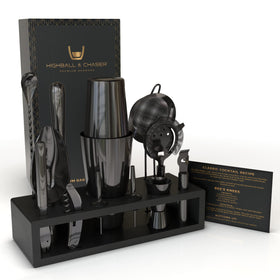 Highball & Chaser 13-piece gunmetal shaker set for stylish home bartending.