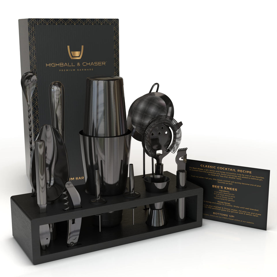 Highball & Chaser 13-piece gunmetal shaker set for stylish home bartending.