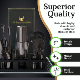 Highball & Chaser sturdy black bamboo stand keeps tools organized.