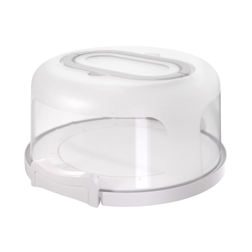 Highball & Chaser top shelf Elements cake carrier with white finish, secure lid for transport.
