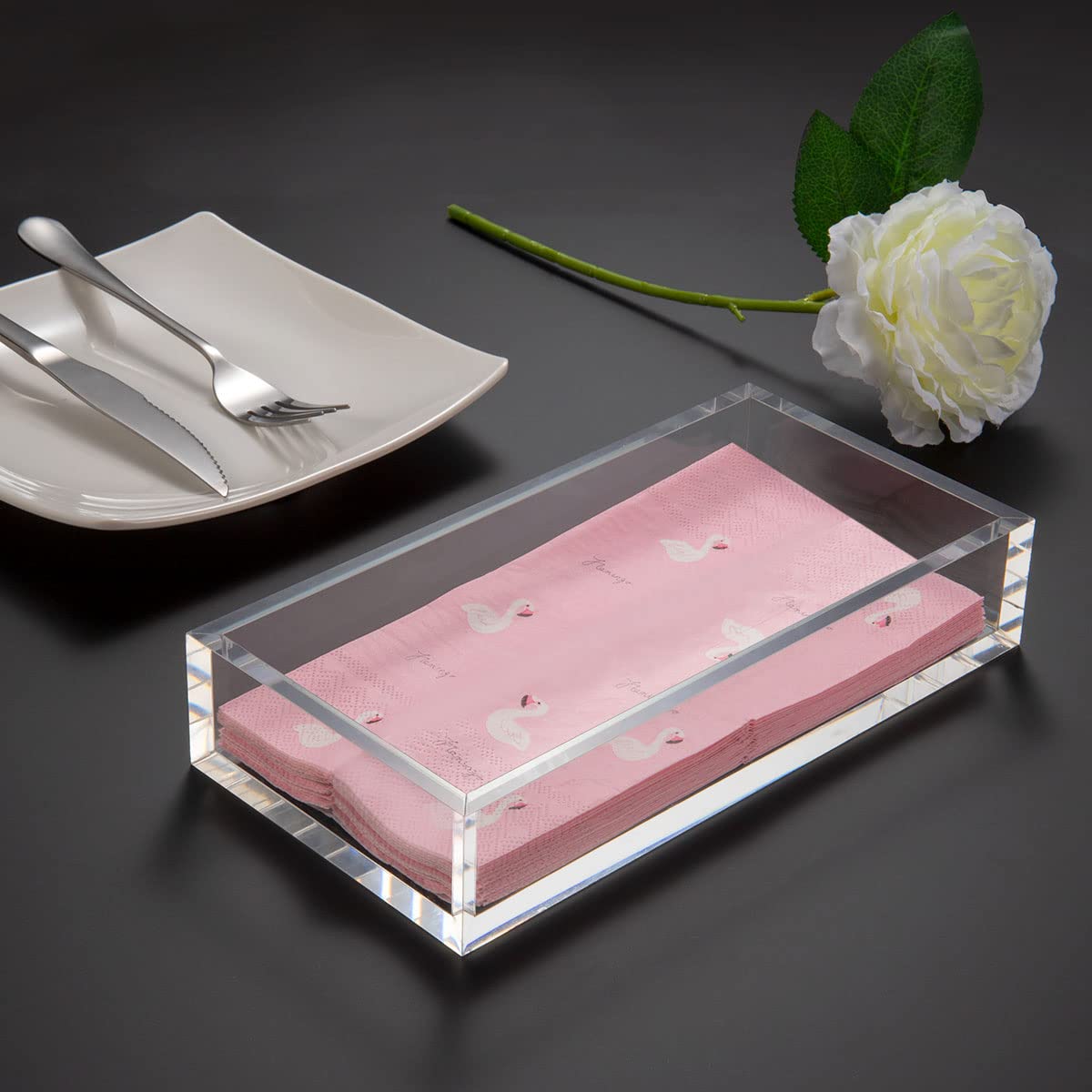 HIIMIEI napkin holder on bathroom counter keeps napkins neatly accessible.
